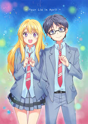  1boy :d arima_kousei black_hair blonde_hair blue_eyes blue_shirt blush collared_shirt commentary_request copyright_name cowboy_shot female glasses grey_pants hand_in_pocket hand_up jacket layered_sleeves long_hair looking_at_viewer miyazono_kawori mongble multicolored_background necktie open_mouth own_hands_together pants photoshop_(medium) plaid plaid_skirt pleated_skirt red_necktie school_uniform shigatsu_wa_kimi_no_uso shirt short_hair skirt smile teeth upper_teeth_only 