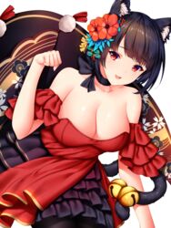  absurdres animal_ear_fluff animal_ears azur_lane bell black_dress black_hair black_pantyhose breasts cat_ears cat_tail cleavage collarbone commentary dress english_commentary fanbox_reward female frilled_dress frills hair_between_eyes hair_ornament highres jewelry jingle_bell large_breasts looking_at_viewer necklace nightgown oerba_yun_fang official_alternate_costume open_mouth paid_reward pantyhose paw_pose red_dress red_eyes shawl short_dress short_hair smile solo tail tail_bell tail_ornament wsman yamashiro_(azur_lane) yamashiro_(dressy_black_cat)_(azur_lane) 