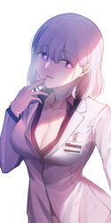  absurdres bad_id bad_pixiv_id bandaged_neck bandages breasts cleavage collared_shirt earpiece etoile female finger_to_mouth formal girls&#039;_frontline highres id_card jacket large_breasts official_alternate_costume open_mouth pale_skin purple_eyes purple_shirt rpk-16_(girls&#039;_frontline) rpk-16_(renate)_(girls&#039;_frontline) saliva shirt short_hair solo suit tongue tongue_out unbuttoned unbuttoned_shirt white_background white_hair white_jacket white_suit 