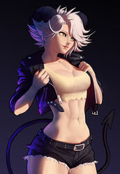  abs belt black_belt black_horns black_tail black_vest borrowed_character breasts cleavage crop_top demon_horns demon_tail english_commentary female hands_up horns medium_breasts medium_hair midriff original pointy_ears shadow smile solo susan_(rakeemspoon) tail vest white_hair yellow_eyes zetman92 zipper zipper_pull_tab 