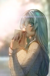  backlighting blue_eyes blue_hair blush book breasts commentary english_commentary female hair_between_eyes highres holding holding_book huge_breasts inchou_(kaitsu_tokiyas) kaitsu_tokiyas long_hair looking_at_viewer no_bra photoshop_(medium) ribbed_sweater solo sweater turtleneck turtleneck_sweater upper_body watashi_no_inchou_desu!! white_sweater 