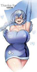  ^_^ absurdres arm_up bare_shoulders blue_choker blue_dress blue_hair breasts choker cleavage clenched_hand closed_eyes collarbone commentary cropped_legs dress drill_hair english_commentary female fist_pump glasses happy highres huge_breasts inchou_(kaitsu_tokiyas) kaitsu_tokiyas long_hair milestone_celebration open_mouth photoshop_(medium) plump race_queen red-framed_eyewear semi-rimless_eyewear short_dress solo strapless strapless_dress thank_you thighs twin_drills under-rim_eyewear watashi_no_inchou_desu!! 