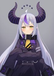  ahoge ascot black_dress blush braid closed_mouth collar commentary crossed_arms demon_horns dress fangs fangs_out female grey_hair highres hololive horns la+_darknesss la+_darknesss_(1st_costume) long_hair long_sleeves looking_at_viewer metal_collar mirai_(mirai76_) multicolored_hair purple_hair sleeves_past_fingers sleeves_past_wrists solo streaked_hair striped_horns symbol-only_commentary twitter_username v-shaped_eyebrows very_long_hair virtual_youtuber yellow_ascot yellow_eyes 