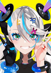  absurdres bad_id bad_pixiv_id black_gloves blue_hair commentary covered_collarbone derivative_work double_v english_commentary eyebrows_hidden_by_hair female gloves green_eyes grin hair_between_eyes hair_ornament hairclip hands_up headgear highres jewelry low_twintails multicolored_hair reirei_studio ring simple_background single_glove smile solo streaked_hair suzuhana_yuuka twintails v virtual_youtuber white_hair yellow_background yuuta_(yuuta0312) 