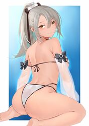  ass azur_lane back bare_back bare_legs bare_shoulders barefoot bikini black_bow blue_background blush border bow breasts brown_eyes closed_mouth detached_sleeves drake_(azur_lane) drake_(the_golden_hind&#039;s_respite)_(azur_lane) female from_behind gradient_background grey_hair hair_between_eyes hair_ornament kameponde long_sleeves looking_at_viewer looking_back medium_breasts official_alternate_costume outside_border ponytail see-through sideboob sitting skindentation smile solo swimsuit wariza white_bikini white_border 