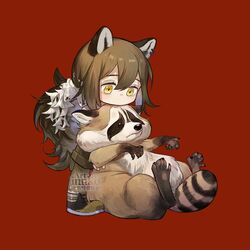  animal animal_ears arknights black_footwear black_shorts brown_hair brown_pantyhose chibi commentary_request female hair_between_eyes inuko_(redconstellation) long_hair no_freckles pantyhose raccoon raccoon_ears red_background robin_(arknights) shoes short_shorts shorts simple_background solo standing striped_tail tail very_long_hair watermark yellow_eyes 