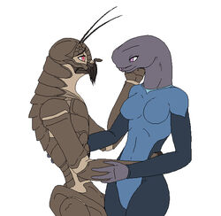  alien big-red breasts brown_body claws clothed clothing crossover district_9 duo female halo_(series) humanoid interspecies love male male/female microsoft open_mouth open_smile prawn_(district_9) purple_eyes romantic romantic_couple sangheili simple_background smile tentacle white_background xbox_game_studios 