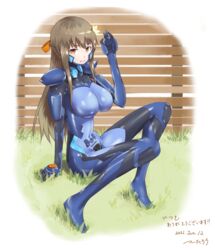  bad_id bad_pixiv_id bow braid breasts brown_hair commission covered_navel crown_braid dated female flower fortified_suit hair_flower hair_ornament hairbow highres large_breasts looking_at_viewer muv-luv muv-luv_alternative open_hand orange_bow orange_eyes original pilot_suit science_fiction skeb_commission smile solo tsutarou white_flower 