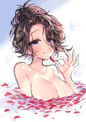  absurdres adachi_(nogami_nono) breasts brown_hair cleavage collarbone completely_nude covered_nipples female hair_bun hair_over_one_eye highres holding holding_petal idolmaster idolmaster_cinderella_girls large_breasts light_smile looking_at_viewer nude partially_submerged petals petals_on_liquid purple_eyes rose_petals single_hair_bun solo takahashi_reiko 