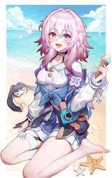  @_@ barefoot beach blue_eyes blue_skirt blue_sky blush breasts camera cloud commentary_request day feet female fingerless_gloves food gloves hair_between_eyes highres holding holding_food holding_ice_cream honkai:_star_rail honkai_(series) ice_cream jacket long_hair long_sleeves looking_at_viewer march_7th_(honkai:_star_rail) march_7th_(preservation)_(honkai:_star_rail) md5_mismatch medium_breasts multicolored_eyes open_mouth outdoors pink_hair pom-pom_(honkai:_star_rail) purple_eyes sand shirt single_fingerless_glove sitting skirt sky smile sparkle starfish tied_jacket wangzili_shitoumen water white_shirt 