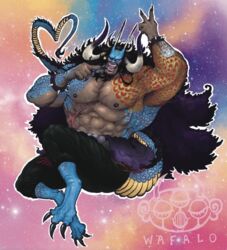  1boy animal_feet arm_tattoo arm_up armlet armpits bara beard black_hair blue_scales blush chest_tattoo claws coat dragon_boy dragon_horns dragon_tail fabulous facial_hair flirting fur_coat heart heart_tail horns huge_pectorals kaidou_(one_piece) long_hair looking_at_viewer male_focus manly monster_boy moustache multicolored_background multiple_horns muscular muscular_male nipples one_piece open_mouth rope scales scar scar_on_stomach sharp_teeth shimenawa skull spiked_armlet strongman_waist tail tattoo teeth tongue topless_male v wafalo 