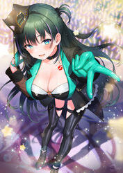  absurdres aqua_eyes black_footwear black_legwear blush breasts cleavage female gloves glowstick green_gloves green_hair gyaru_v highres idoly_pride komiyama_ai large_breasts long_hair long_sleeves looking_at_viewer mask mask_on_head noixen outstretched_arm parted_lips smile solo standing star_(symbol) v 