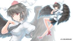  arm_up belt black_hair black_skirt black_wings commentary_request female geta hat highres looking_at_viewer miniskirt nazal necktie open_mouth pencil_skirt photoshop_(medium) red_eyes shameimaru_aya shirt shoes short_hair side_slit skirt solo tengu-geta tokin_hat touhou wings zoom_layer 