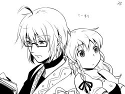  1boy ahoge bad_id bad_pixiv_id book braid choker commentary_request dress female glasses greyscale kirisame_marisa milcho monochrome morichika_rinnosuke reading short_hair touhou 