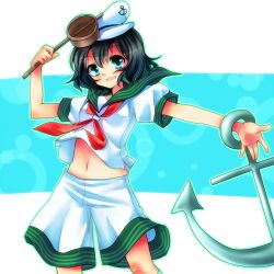  anchor aqua_eyes black_hair commentary_request female hat hishaku lowres midriff murasa_minamitsu navel rai_(rai-s) sailor sailor_hat shorts solo touhou white_shorts 