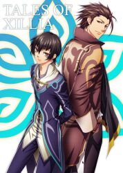  2boys alvin_(tales) arm_behind_back ascot back-to-back bad_id bad_pixiv_id black_hair brown_eyes brown_hair coat copyright_name hand_in_pocket jude_mathis looking_at_viewer looking_back male_focus multiple_boys ouno_mayumi pants smile tales_of_(series) tales_of_xillia xillia_symbol 