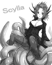  breasts cleavage commentary_request female formal greek_mythology greyscale hair_up horns kara_(color) lace lace-trimmed_skirt lace_trim large_breasts looking_at_viewer miniskirt monochrome monster_girl original pantyhose scylla simple_background sitting skirt skirt_suit solo suit tentacle thighband_pantyhose 