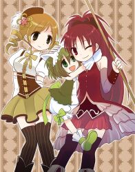  3girls azuu bare_shoulders beret black_thighhighs blonde_hair boots bow chitose_yuma commentary_request detached_sleeves gloves green_eyes green_hair hair_ornament hairbow hat long_hair magical_girl mahou_shoujo_madoka_magica mahou_shoujo_oriko_magica miniskirt multiple_girls one_eye_closed open_mouth photoshop_(medium) pink_skirt pleated_skirt polearm red_eyes red_hair sakura_kyoko sakura_kyoko_(magical_girl) short_hair skirt smile spear striped_clothes striped_thighhighs thigh_gap thighhighs tomoe_mami tomoe_mami_(magical_girl) vertical-striped_clothes vertical-striped_thighhighs weapon yellow_eyes yellow_skirt zettai_ryouiki 