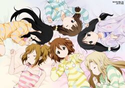  6+girls akiyama_mio alternate_hairstyle artist_name black_eyes black_hair blonde_hair brown_eyes brown_hair circle_formation closed_eyes commentary_request hair_down heart heart_print hirasawa_yui hood hoodie k-on! kotobuki_tsumugi long_hair loungewear lying multiple_girls musical_note nakano_azusa one_eye_closed outstretched_hand photoshop_(medium) polka_dot short_hair side_ponytail signature sleeping sleepwear star_(symbol) star_print striped_clothes striped_sweater suzuki_jun sweater tainaka_ritsu twintails yamasaki_wataru 