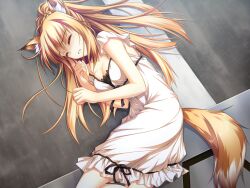  animal_ears blonde_hair breasts closed_eyes dress female fetal_position fox_ears fox_tail foxgirl game_cg highres large_breasts long_hair lying miyama_kon mole otomimi_infinity ribbon solo sweat tail 