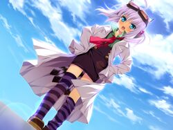  animal_ears aqua_eyes blush cloud clouds dr._forest dr.foresuto female female game_cg goggles hair_bobbles hair_ornament highres labcoat lens_flare necktie otomimi_infinity purple_hair short_hair sky socks solo striped striped_legwear striped_socks tail twintails 