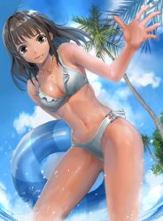  ahoge bikini black_eyes brown_hair cloud commentary_request day dutch_angle female from_below innertube jewelry long_hair navel necklace original outdoors palm_tree revision shijima_(tanfn) sky solo swim_ring swimsuit tree water white_bikini 