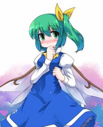  blush commentary_request daiyousei female green_eyes green_hair hair_ribbon hand_to_own_mouth ktsecond ribbon side_ponytail solo touhou wings 