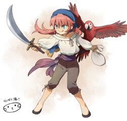  1boy bad_id bad_pixiv_id bird blue_eyes full_body inazuma_eleven_(series) inazuma_eleven_go kirino_ranmaru long_hair macaw male_focus mizuhara_aki otoko_no_ko parrot pink_hair pirate smile solo sword twintails weapon 