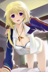  absurdres blonde_hair bra breasts charlotte_dunois cleavage commentary_request female highres infinite_stratos jacket jewelry large_breasts lingerie long_hair long_legs looking_at_viewer okingjo open_clothes pendant purple_eyes signature solo track_jacket underwear uniform white_bra window 