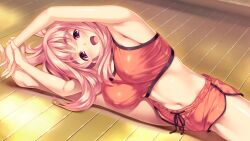  armpits barefoot breasts d-eve_in_you female flexible game_cg gokokukyou gym_shorts large_breasts legs long_hair navel on_floor pink_eyes pink_hair purple_eyes shorts smile solo split straddle_split stretching tank_top thick_eyebrows ubukata_yume wooden_floor 