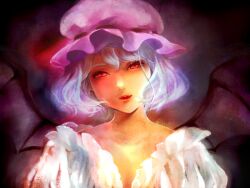  aqua_hair bad_id bad_pixiv_id bat_wings fangs female hat hat_ribbon head_tilt i_wanna lips portrait red_eyes remilia_scarlet ribbon short_hair slit_pupils solo touhou wings 