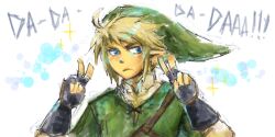  1boy blonde_hair blue_eyes commentary_request dc9spot fingerless_gloves gloves hat link male_focus solo sparkle the_legend_of_zelda tunic upper_body v 