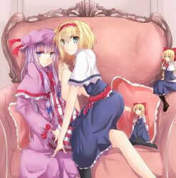  2girls alice_margatroid black_legwear blonde_hair blue_eyes blush commentary_request couple crescent doll dress hairband hands holding_hands interlocked_fingers looking_at_viewer multiple_girls pantyhose patchouli_knowledge purple_eyes purple_hair ram_hachimin sash shanghai_doll touhou yuri 