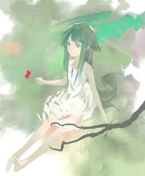  aituoku bad_id bad_pixiv_id bare_legs barefoot black_eyes black_hair dress female flower highres long_hair photoshop_(medium) saya_(saya_no_uta) saya_no_uta sitting sleeveless sleeveless_dress smile solo white_dress 