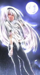  absurdres albino ayakashi_banashi bad_id bad_pixiv_id denim female full_moon grin hairband highres jeans lamppost long_hair looking_at_viewer looking_back moon night night_sky original pants red_eyes shirasagi_hiiragi shirt sky smile solo tree very_long_hair white_hair white_shirt yoshida_hideyuki 