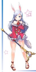  animal_ears blue_eyes commentary_request deeple elin female gloves grey_hair legs long_hair one_eye_closed photoshop_(medium) priest_(tera_online) rabbit_ears sandals solo staff star_(symbol) tail tera_online white_hair 