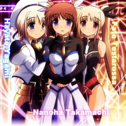  3girls bad_id bad_pixiv_id blonde_hair blue_eyes brown_hair character_name fate_testarossa fate_testarossa_(true_sonic_form) fukudori hair_ribbon hat long_hair lyrical_nanoha magic_circle magical_girl mahou_shoujo_lyrical_nanoha_strikers multiple_girls purple_eyes red_eyes ribbon short_hair smile takamachi_nanoha takamachi_nanoha_(exceed_mode) thighhighs twintails yagami_hayate 