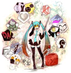  aqua_hair black_skirt boots commentary_request detached_sleeves female gradient_hair gun hatsune_miku headset highres kusare_gedou_to_chokorewito_(vocaloid) long_hair lynne_(vocaloid) matryoshka_(vocaloid) miniskirt mosaic_roll_(vocaloid) mrs.pumpkin_no_kokkei_na_yume_(vocaloid) multicolored_hair nail_polish necktie nisoku_hokou_(vocaloid) open_mouth panda_hero_(vocaloid) petenshi_ga_warau_koro_ni_(vocaloid) pleated_skirt red_eyes rolling_girl_(vocaloid) shotgun_lovers_(vocaloid) skirt solo songover thigh_boots thighhighs twintails unhappy_refrain_(vocaloid) very_long_hair visor vocaloid weapon wonderland_to_hitsuji_no_uta_(vocaloid) world&#039;s_end_dancehall_(vocaloid) yosakuh 