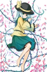  barefoot blue_door blush commentary_request feet female flower frilled_skirt frills green_eyes green_hair green_skirt grey_hair hat komeiji_koishi legs long_hair lying medium_skirt petals photoshop_(medium) plant rose skirt smile solo sun_hat touhou vines 