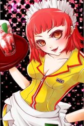  atlus beauty_mark blush breasts brown_eyes catherine_(game) cleavage drink erica_anderson female female glass hand_on_hip headdress hips maid_headdress mole platter red_hair short_hair solo soyd_562 tray uniform waitress 