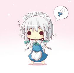  apron black_eyes blue_dress braid chibi commentary_request dress female gaius_(nikoniko2) hair_ribbon izayoi_sakuya knife maid maid_headdress ribbon searching solid_circle_eyes solo spoken_object tears touhou twin_braids white_hair 