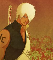  1boy commentary_request dark-skinned_male dark_skin darui_(naruto) hair_over_one_eye katana male_focus naruto naruto_(series) naruto_shippuuden nigella.a solo sword tattoo weapon white_hair 