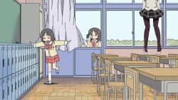  &gt;_&lt; 3girls black_hair camcorder chair classroom closed_eyes commentary_request crossover curtains desk glasses highres long_hair mahou_shoujo_madoka_magica mahou_shoujo_madoka_magica_(anime) mami_mogu_mogu minakami_mai mitakihara_school_uniform multiple_girls nichijou pantyhose school_desk school_uniform shinonome_nano short_hair standing standing_on_one_leg takahiro_(rikky) tokisadame_school_uniform tomoe_mami video_camera 