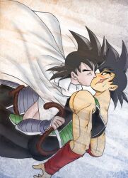  2boys bardock black_hair blush cape closed_eyes dragon_ball dragon_ball_z kissing multiple_boys pixiv_thumbnail resized surprise surprised tail tullece turles yaoi 