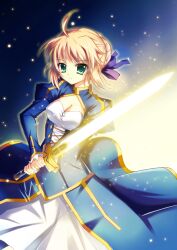  ahoge artoria_pendragon_(fate) bad_id bad_pixiv_id blonde_hair breasts cleavage dress excalibur_(fate/stay_night) fate/stay_night fate_(series) female green_eyes hair_ribbon medium_breasts raiou ribbon saber_(fate) solo 