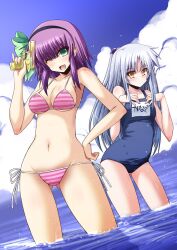  2girls ;d angel_beats! aqua_eyes bare_shoulders bikini blush breasts cloud day grey_hair hairband hand_on_own_hip hands_on_own_chest looking_at_viewer medium_breasts multiple_girls nakamura_yuri navel one-piece_swimsuit one_eye_closed open_mouth outdoors pink_bikini purple_hair school_swimsuit shinshin side-tie_bikini_bottom sky smile striped_bikini striped_clothes swimsuit tachibana_kanade wading water yellow_eyes 