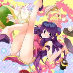  baozi bird china_dress chinese_clothes commentary_request double_bun dress duck female food hair_bun kashiwagi_kano long_hair meandros mousse_(duck)_(ranma_1/2) noodles p-chan panties pantyshot photoshop_(medium) pig piglet pout purple_eyes purple_hair ramen ranma_1/2 shampoo_(ranma_1/2) tray underwear white_panties 