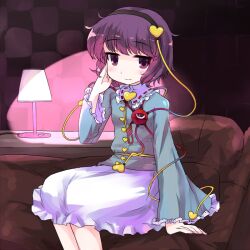  bad_id bad_pixiv_id eyeball female hairband komeiji_satori ktsecond medium_skirt pink_skirt purple_eyes purple_hair short_hair sitting skirt solo third_eye touhou 