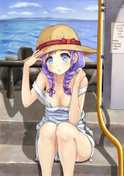  blue_door blue_eyes blush braid breasts cloud commentary_request day female hair_over_shoulder hand_on_headwear hat medium_breasts no_bra ocean original overalls photoshop_(medium) purple_hair shadow sitting sitting_on_stairs sky solo stairs strap_slip sun_hat tetrapod translation_request twin_braids 