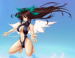  alternate_costume angel_wings bad_id bad_pixiv_id barefoot blue_background bow breasts brown_hair cleavage female hairbow highleg highleg_leotard highleg_swimsuit highres hip_focus kneeling large_breasts legs leotard long_hair navel outstretched_arms photoshop_(medium) red_eyes reiuji_utsuho ripples sideboob solo spread_arms swimsuit thighs toes touhou untue water white_wings wind wings 